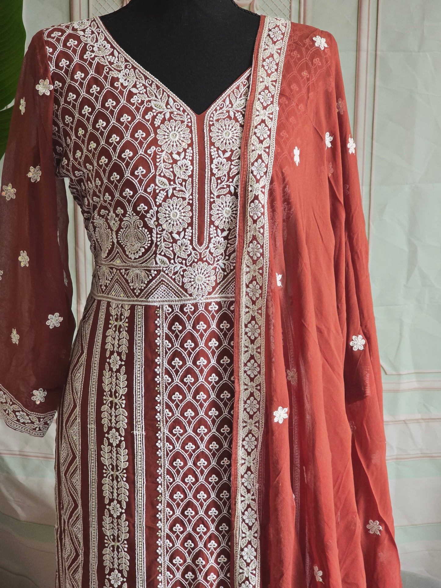 Brown shade georgette chikankari 3 pc salwar suit set