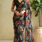 Black floral chiffon brasso saree with mirror and lace border - BP