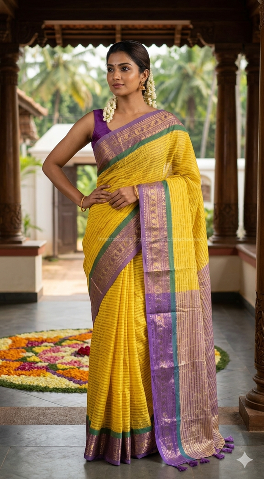 Mul cotton saree with kanchee border- stitched blouse ( lavender or yellow)