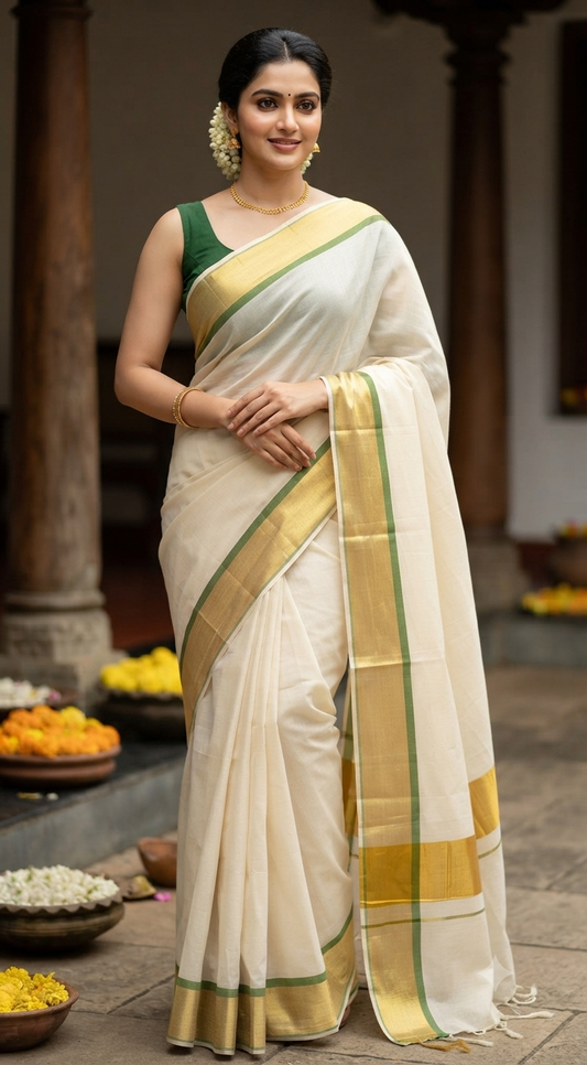 Cotton onam saree with gold and green combo