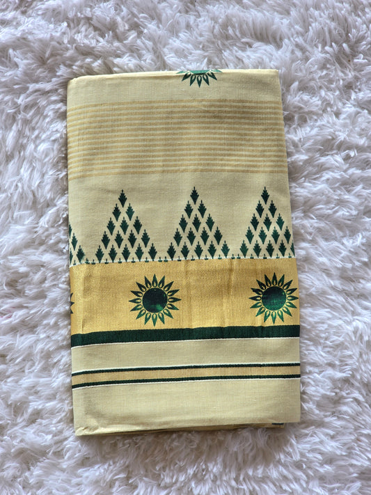 Tissue set saree with bottle green temple print