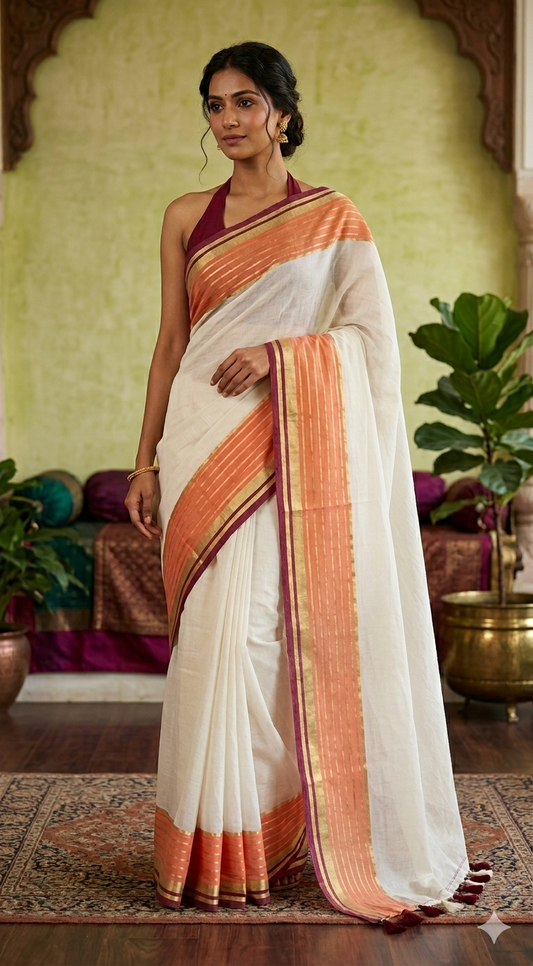 Mul cotton saree with orange and maroon border (fall and pico done)NO Blouse piece