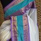 Mul cotton saree with blue and lavender kanchee border (fall and pico done)NO Blouse piece