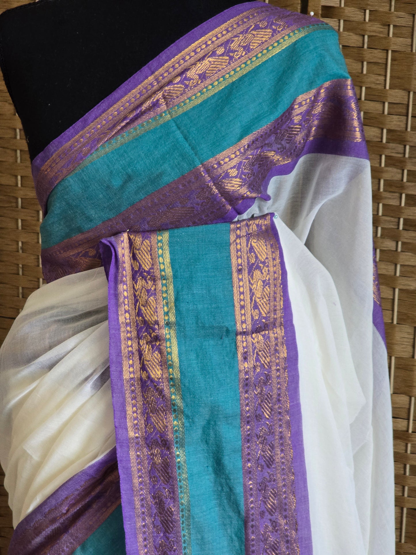 Mul cotton saree with blue and lavender kanchee border (fall and pico done)NO Blouse piece