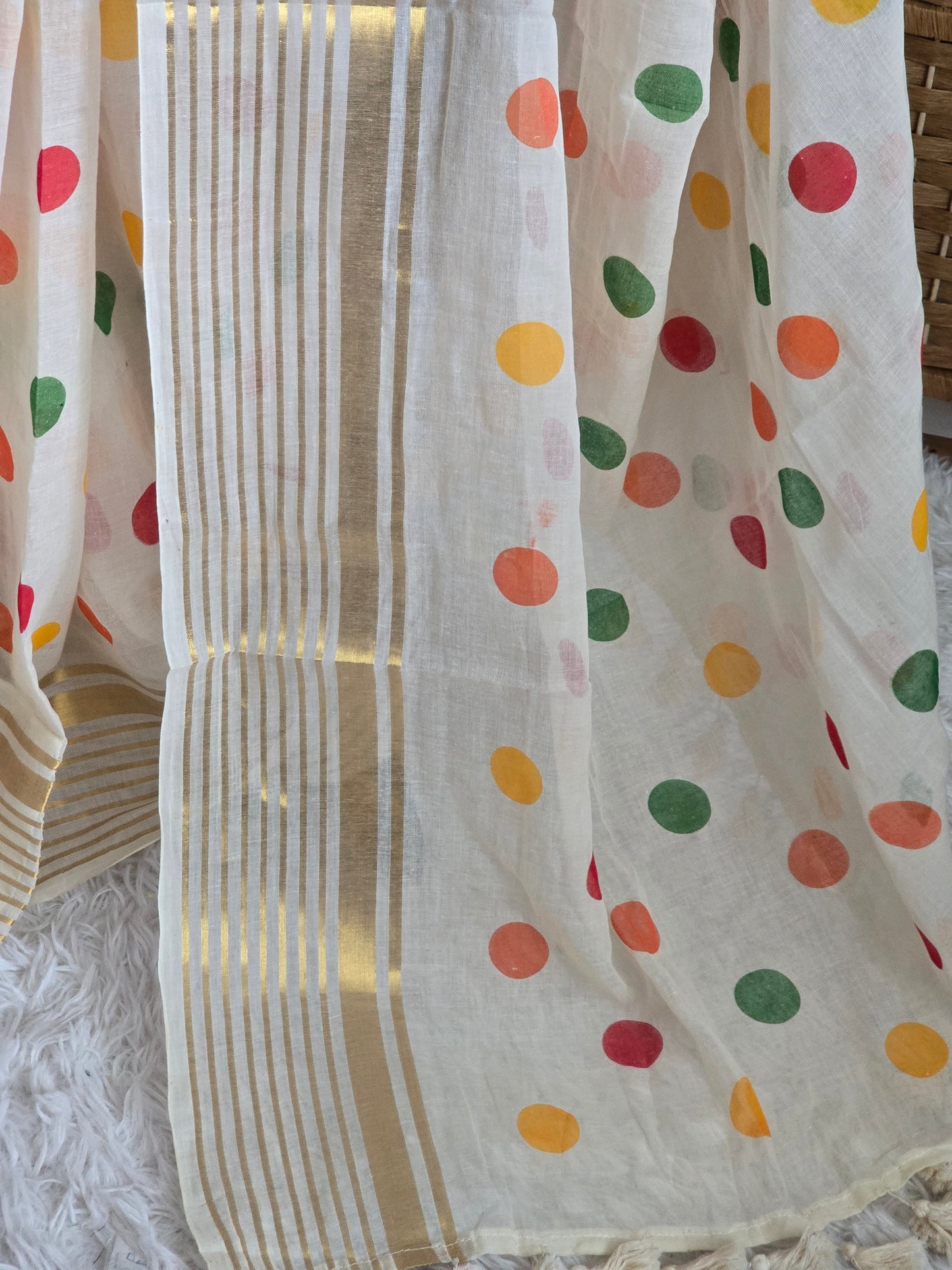 Mul cotton saree with multi color polka dots and border (fall and pico done)NO Blouse piece