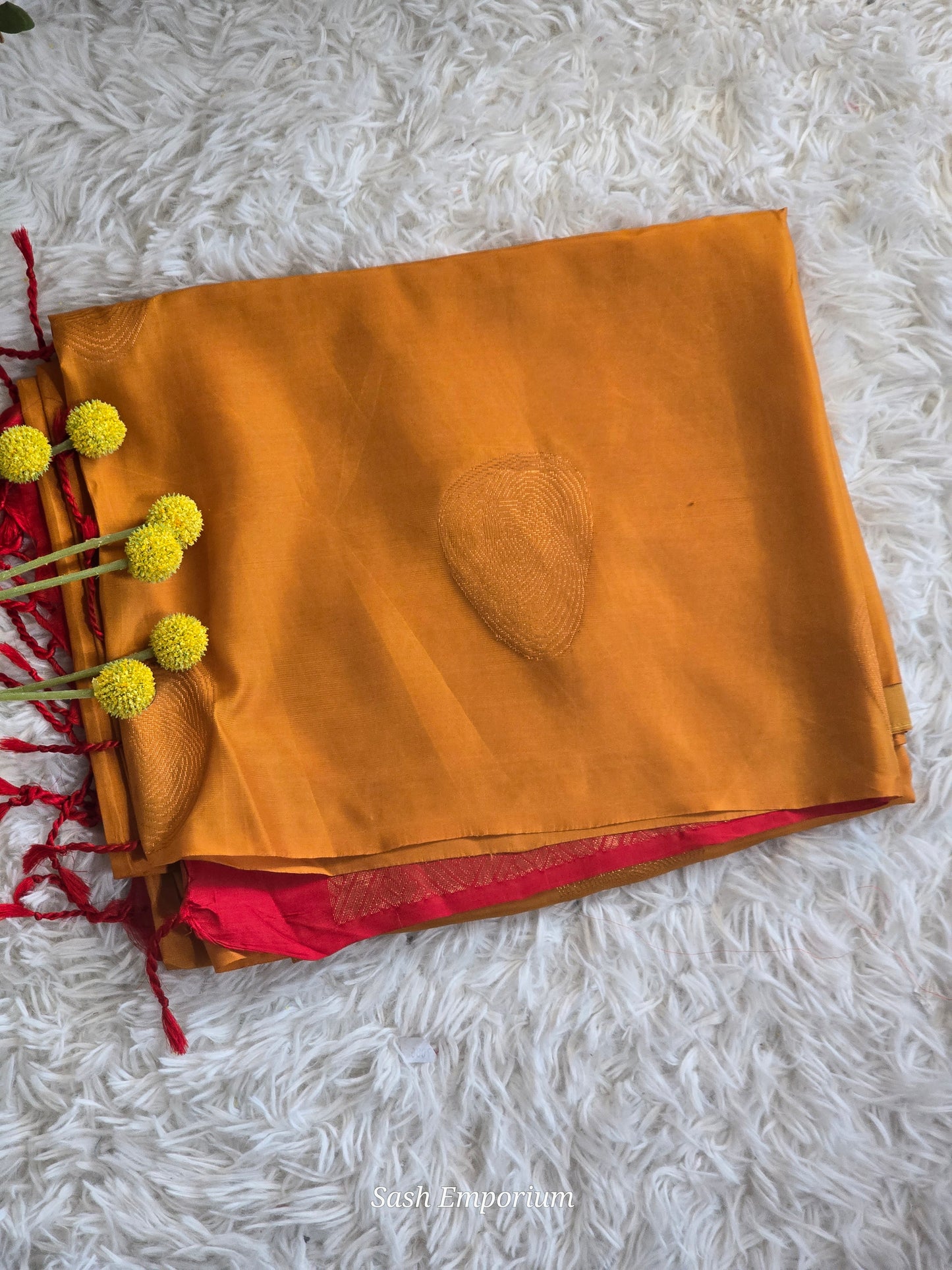 Mustard yellow and red semi soft silk saree with Bp