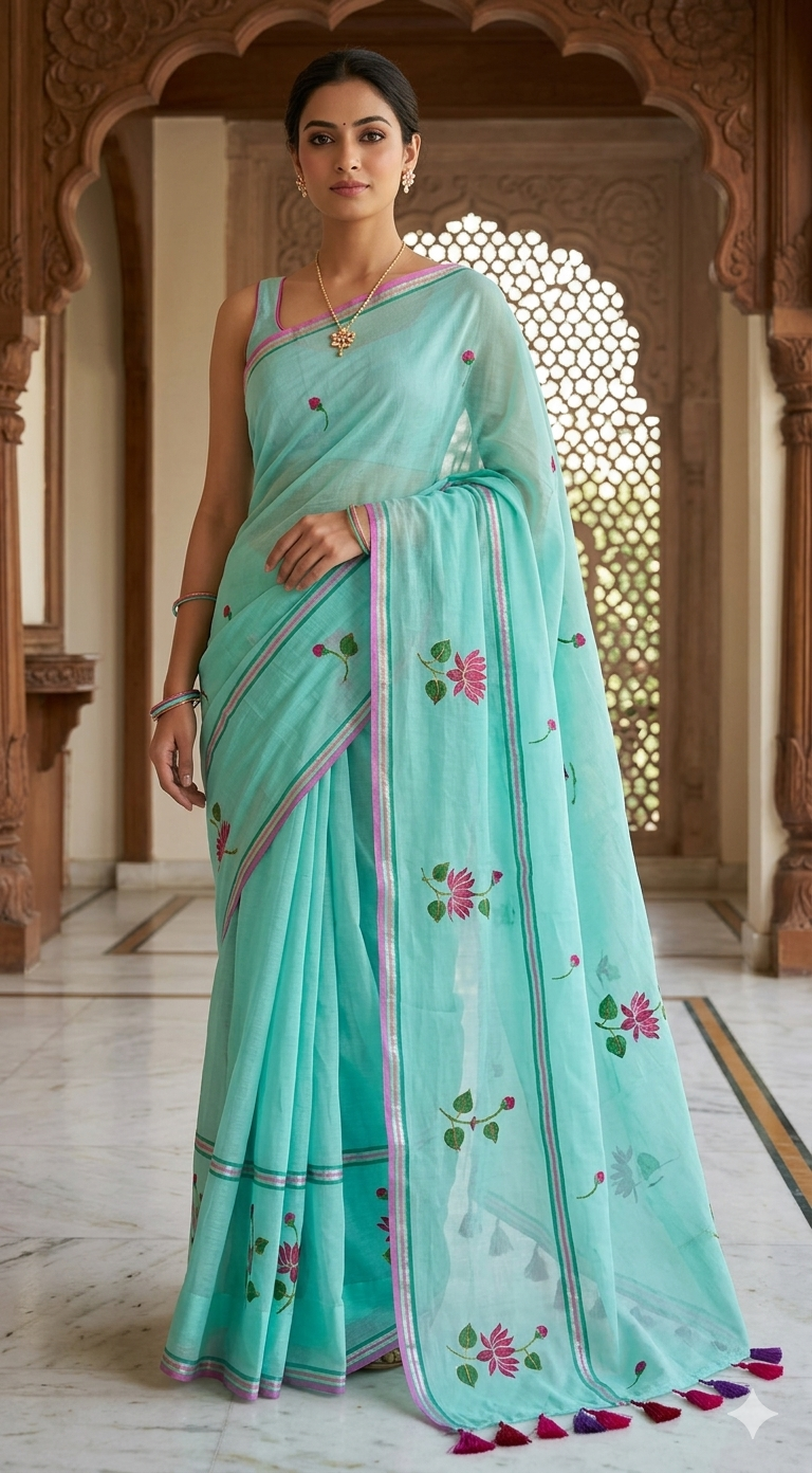 Mul cotton saree- ocean blue(Fall/pico done)
