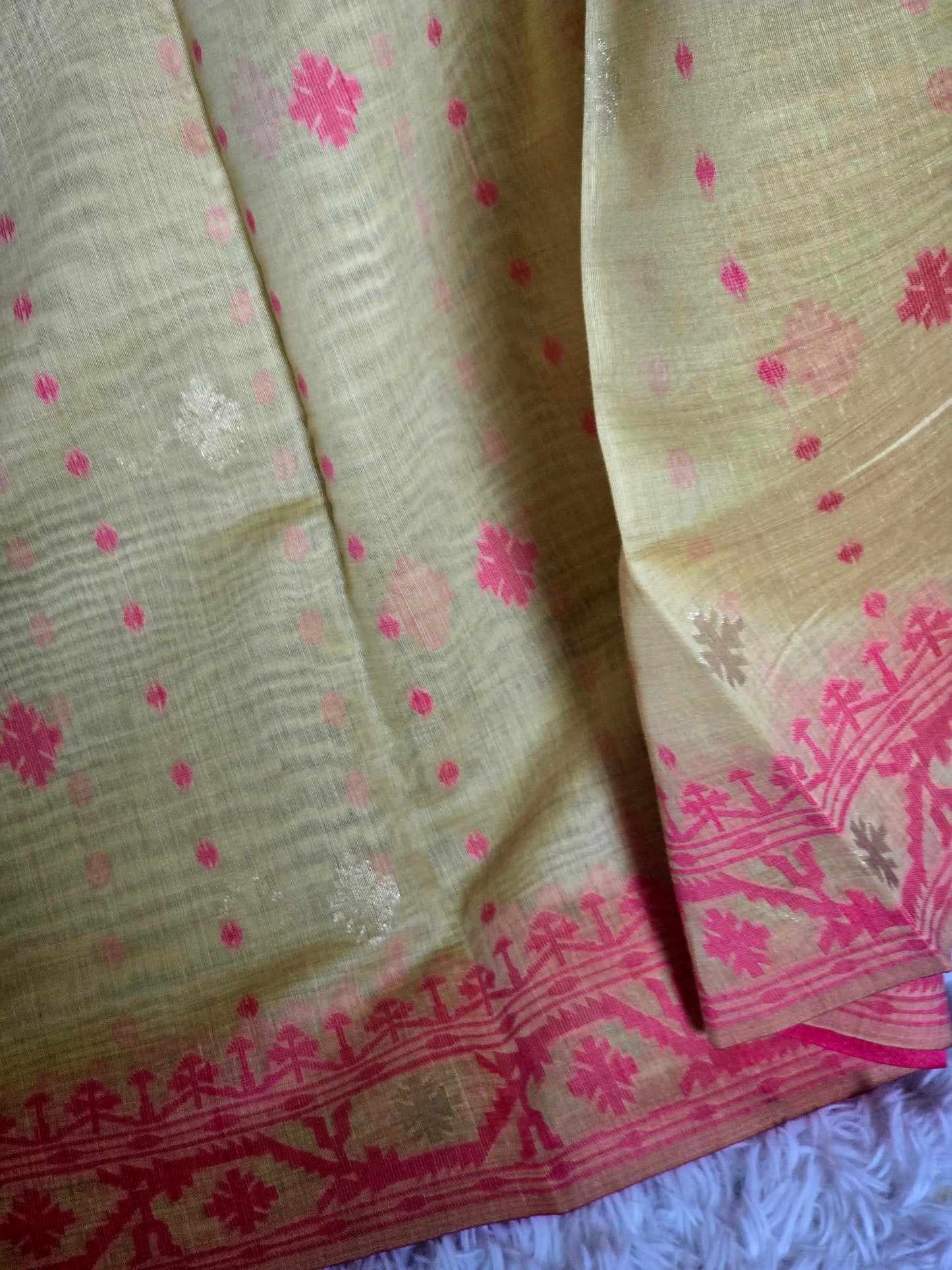 Soft cotton tussar saree with jamdani weaving ( Light yellow pink)- BP