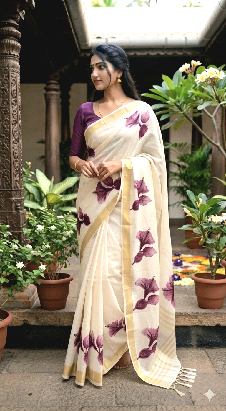 Cotton onam saree with purple printed design