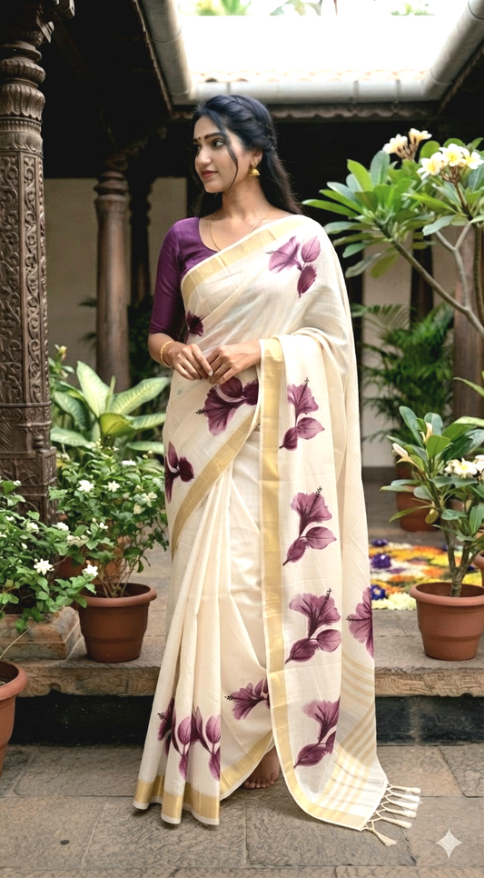 Cotton onam saree with purple printed design