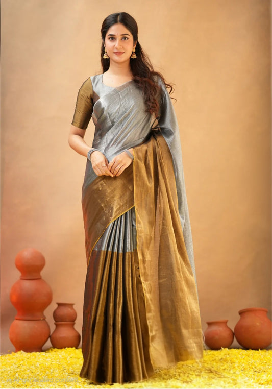 Semi tissue saree- grey and copper-No blouse