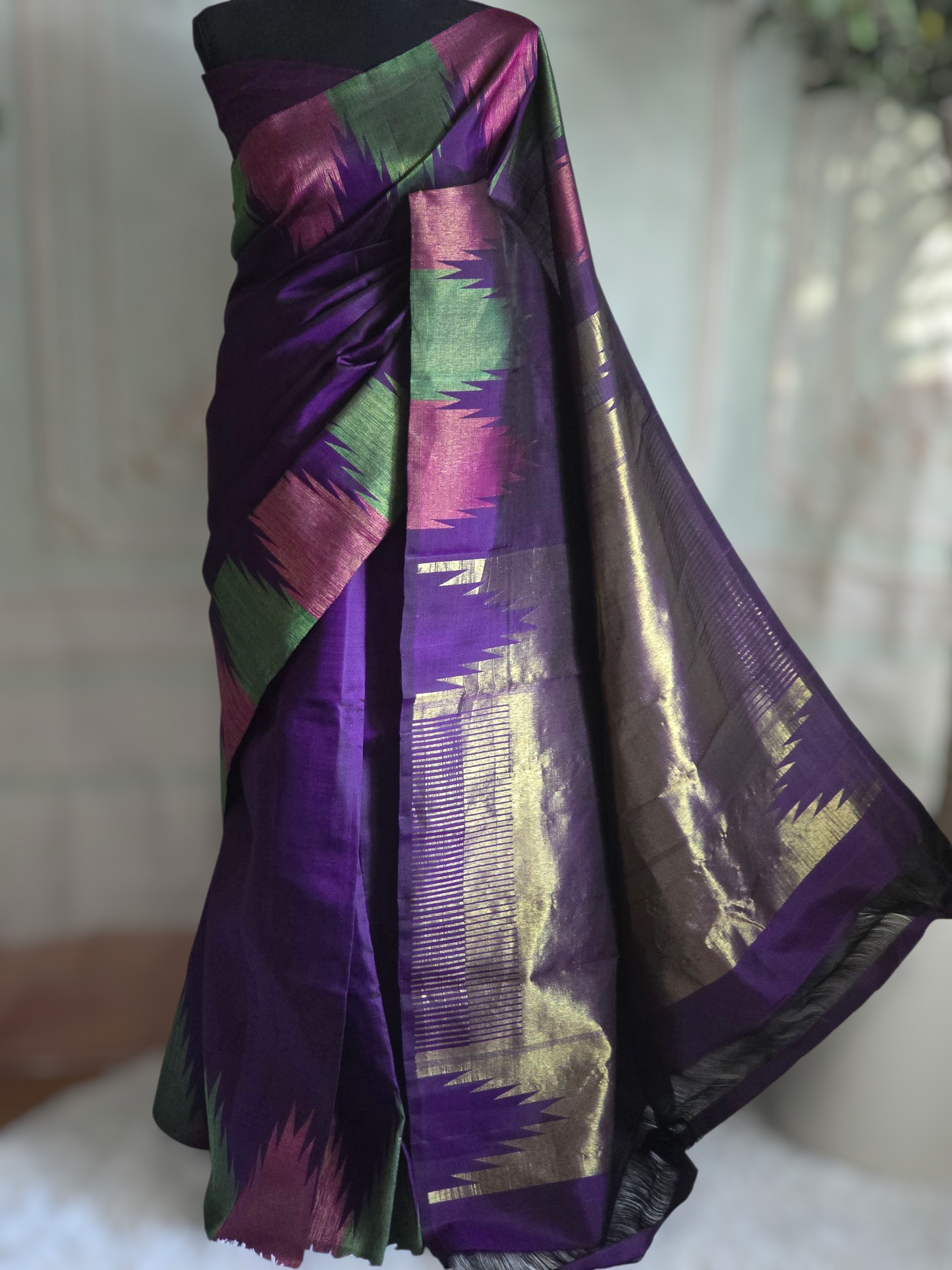 Pure kanchee silk saree with multi color border- stitched blue blouse