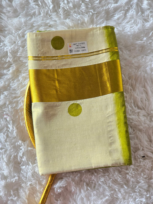 Tissue set saree with duel shade- green polka dots