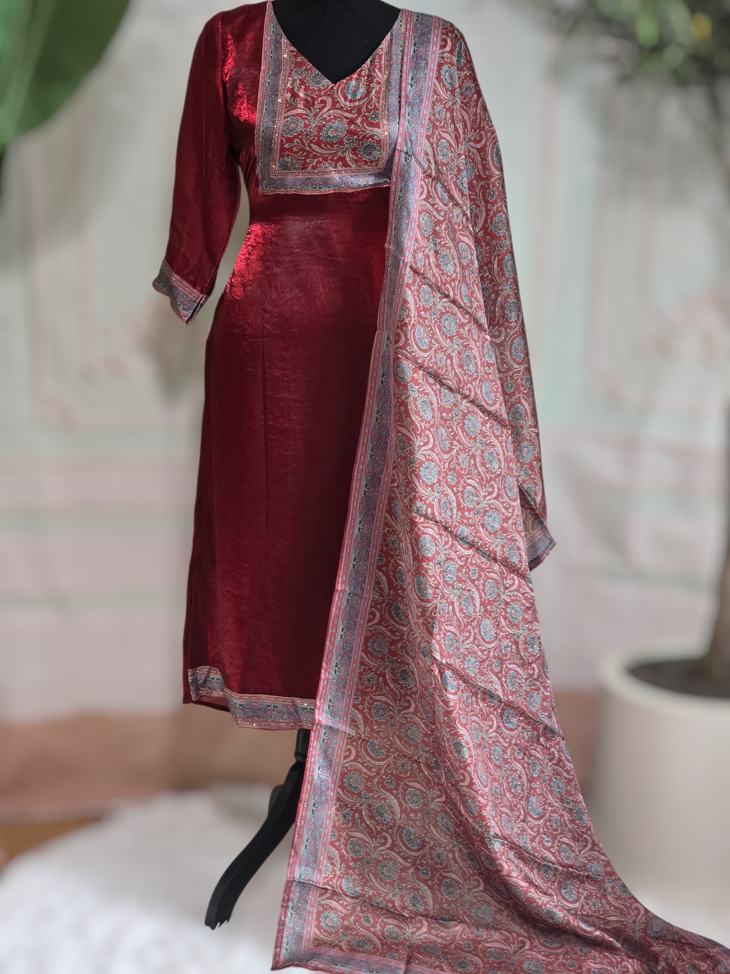 Satin organza reddish maroon 3pc salwar suit set
