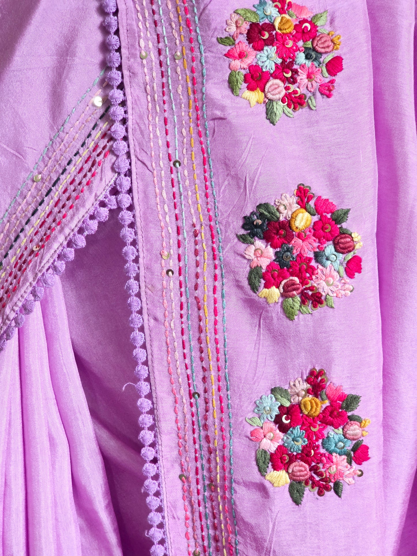 Russian silk (lavender)saree with french knot heavy work-stitched blouse
