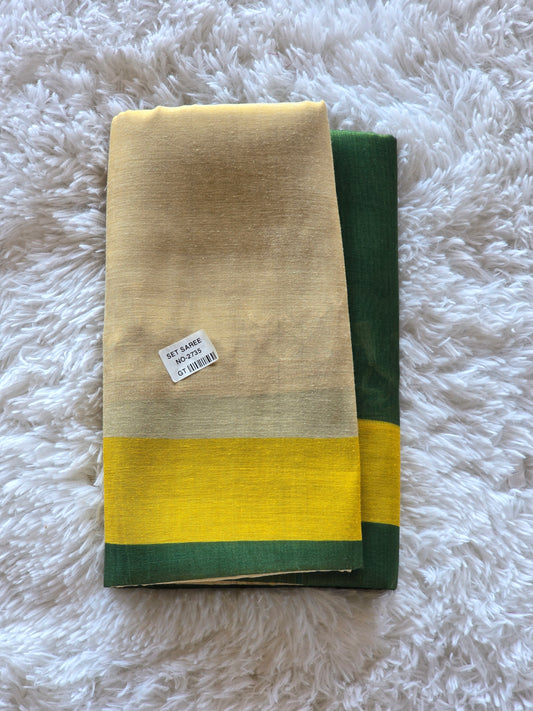 Semi tissue set saree with green and yellow comb