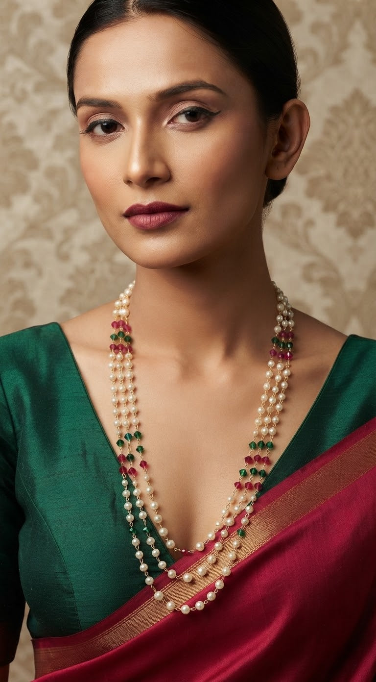 Long 3 layer pearl chain green/ pink