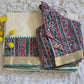 Premium cotton kerala saree (dark green) with floral block print design-stitched blouse