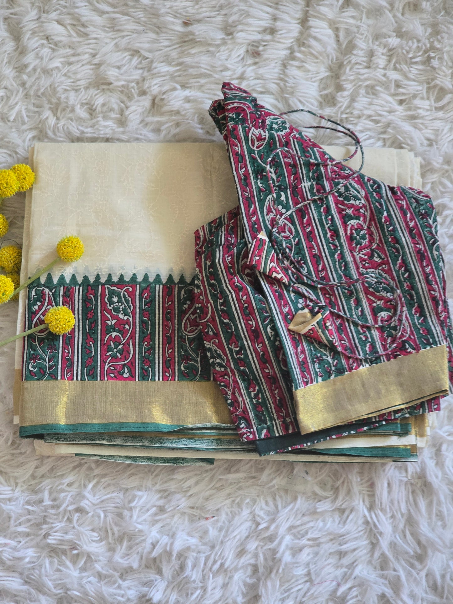 Premium cotton kerala saree (dark green) with floral block print design-stitched blouse