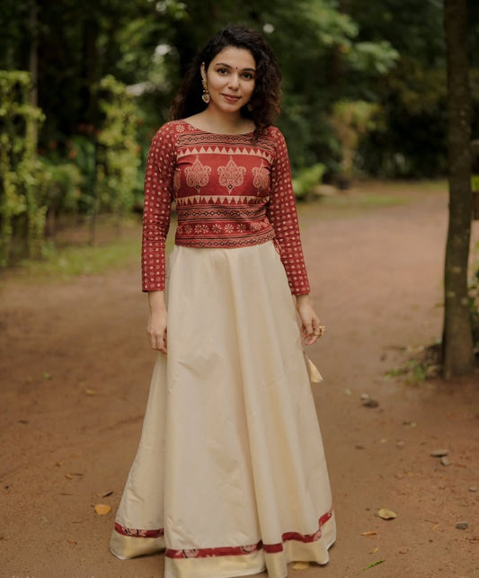 Onam skirt and premium cotton printed crop top
