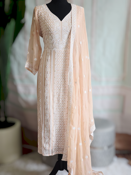 Pure georgette chikankari 3 pc salwar suit set (light peach)
