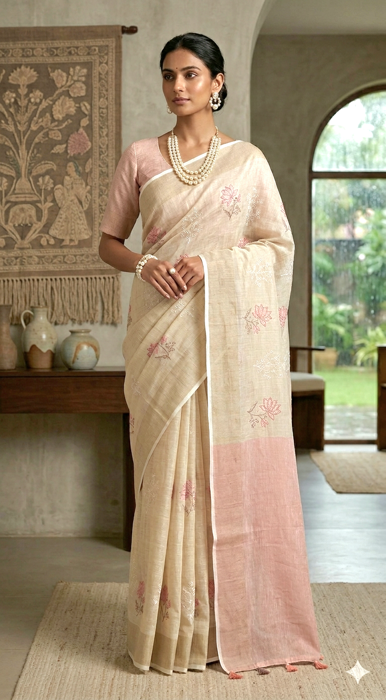 Linen cotton saree with stitched blouse-creme/ peach combo