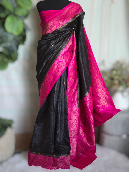 Pure raw silk saree with contrast stitched blouse