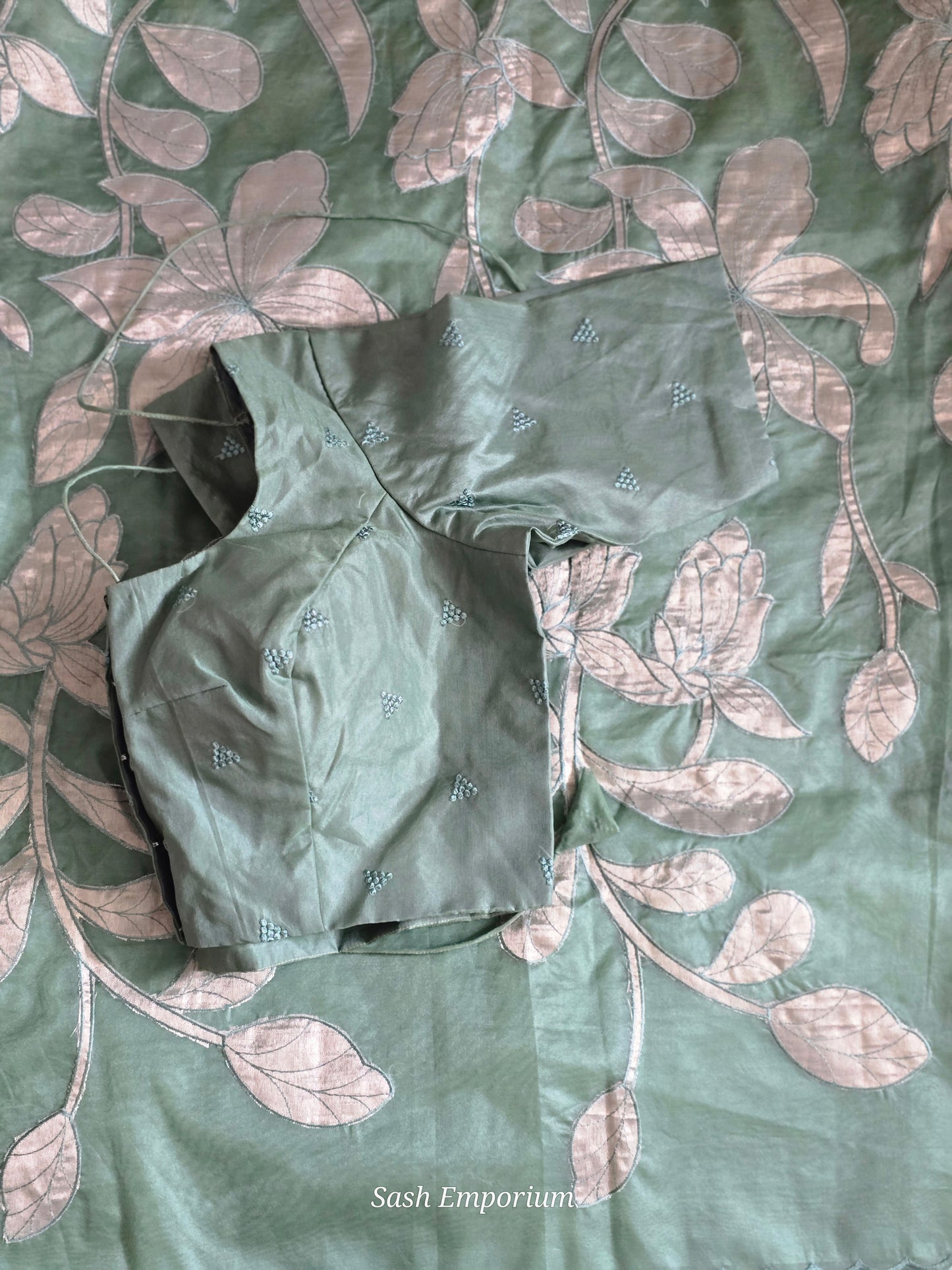 Turquish organza saree (sage green) with applique work- stitched blouse