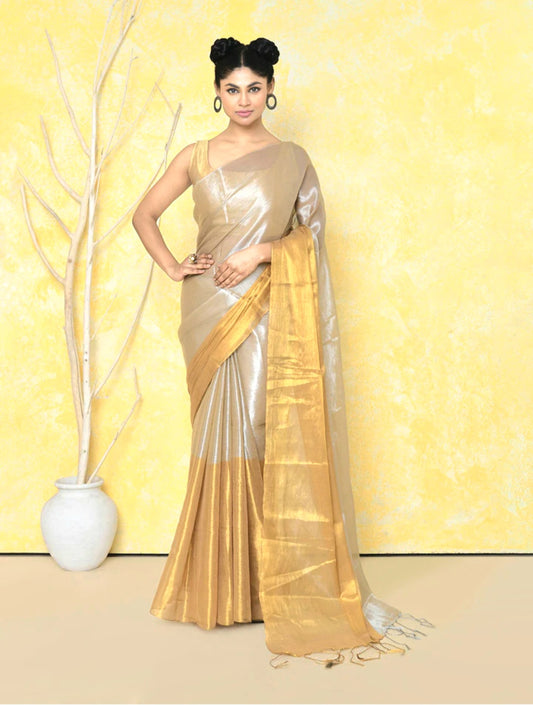 Semi tissue saree- silver and antique gold- No BP