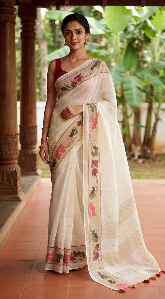 Art silk onam saree with floral border