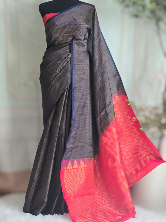 Soft kancheepuram silk saree (small checks body) with stitched blouse