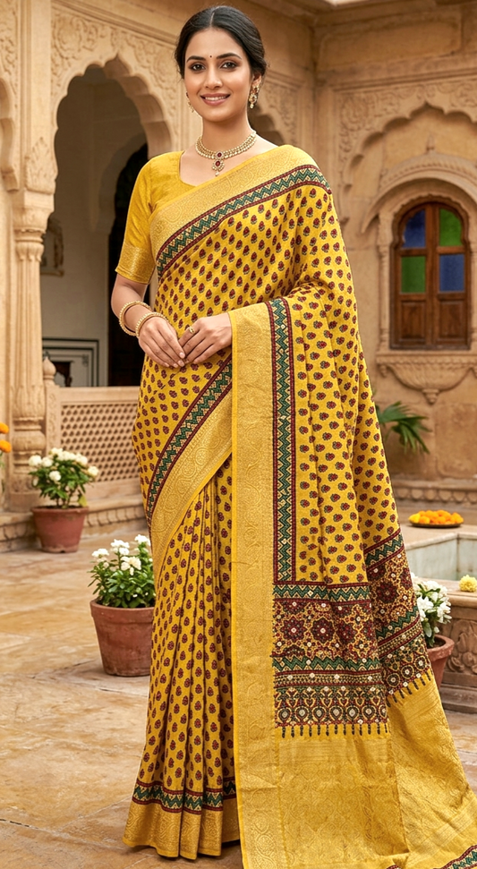 Ajrakh dola silk saree with mirror work- stitched Blouse