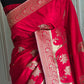 Munga banarasi saree with silver gold border-stitched blouse