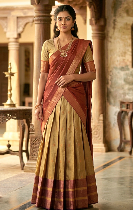 Stitched dhavani set Light gold/brown