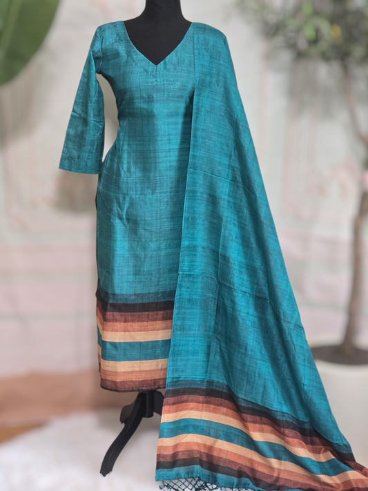 Semi tussar 3 pc salwar suit with multi color print