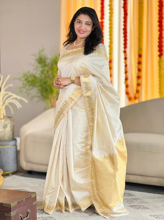 Semi silk onam saree with stitched blouse