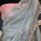 Pure organza silk saree with beads and stone work-stitched ( contrast) blouse