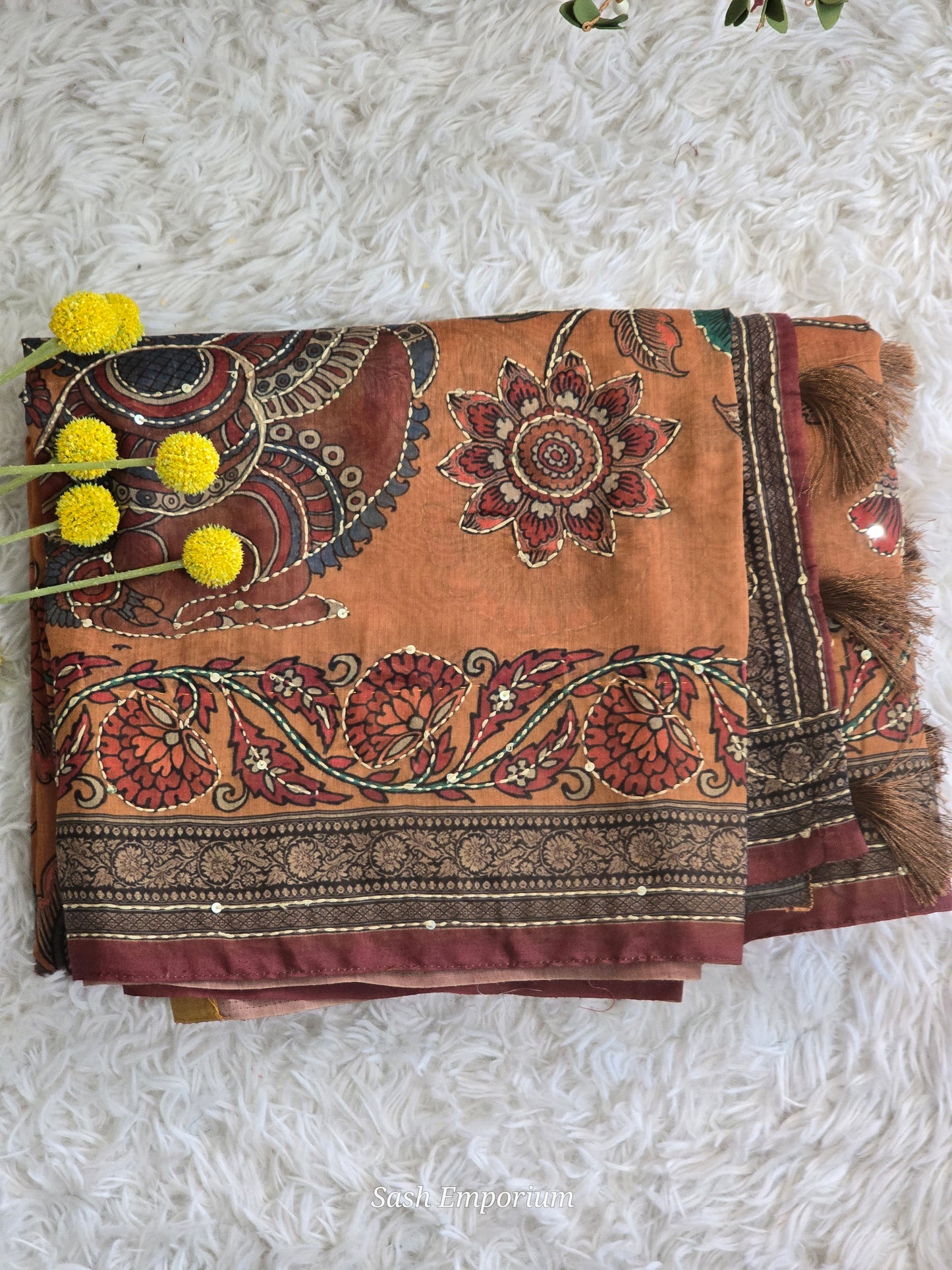 Cotton saree with floral and kantha work
