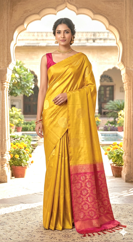 Soft silk kancheepuram(yellow/ dark peach) with BP