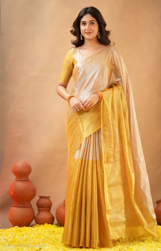 Semi tissue saree yellow gold-No Blouse