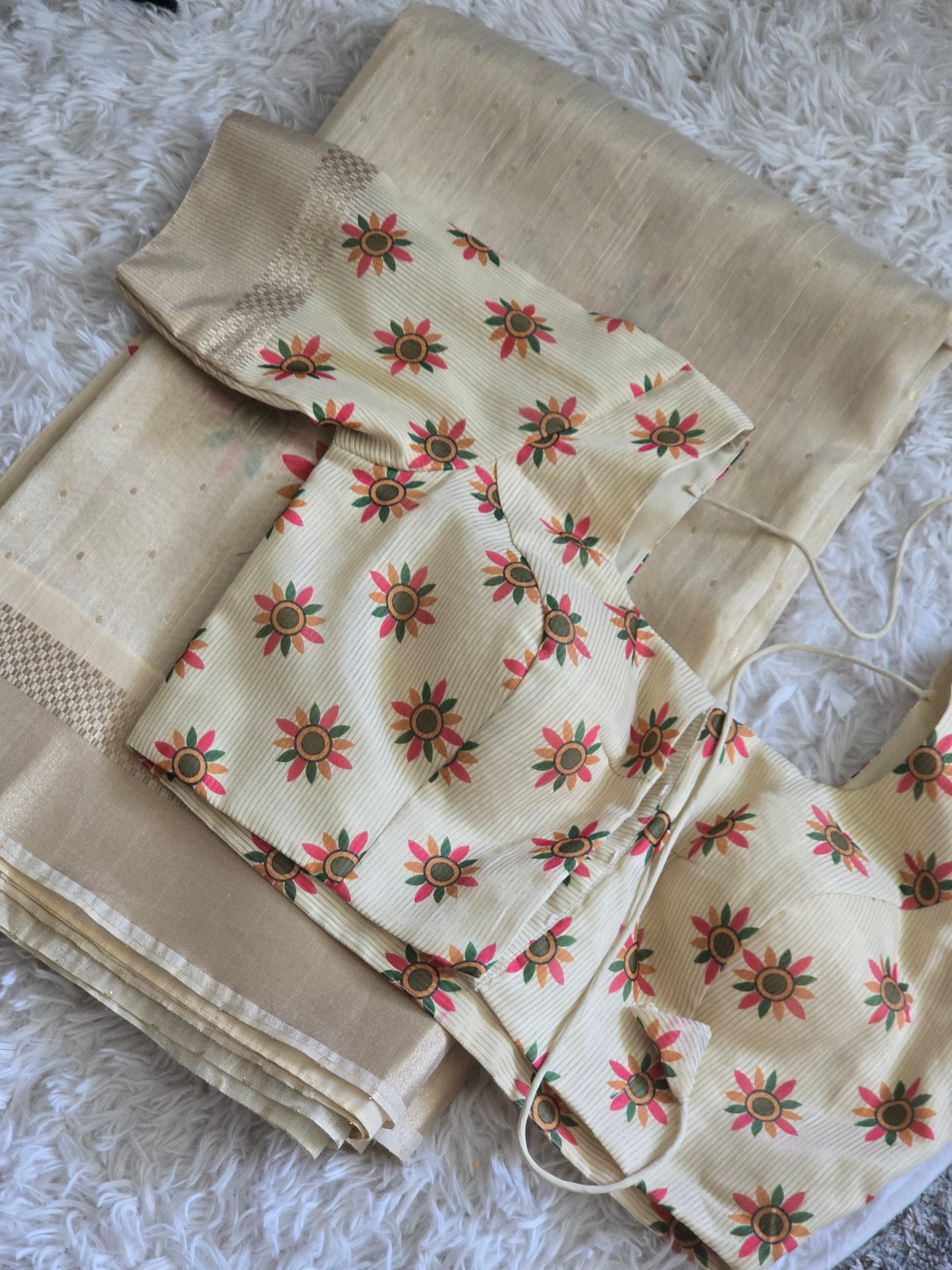Semi silk (golden beige) saree with traditional ( kadhakali) design- stitched blouse