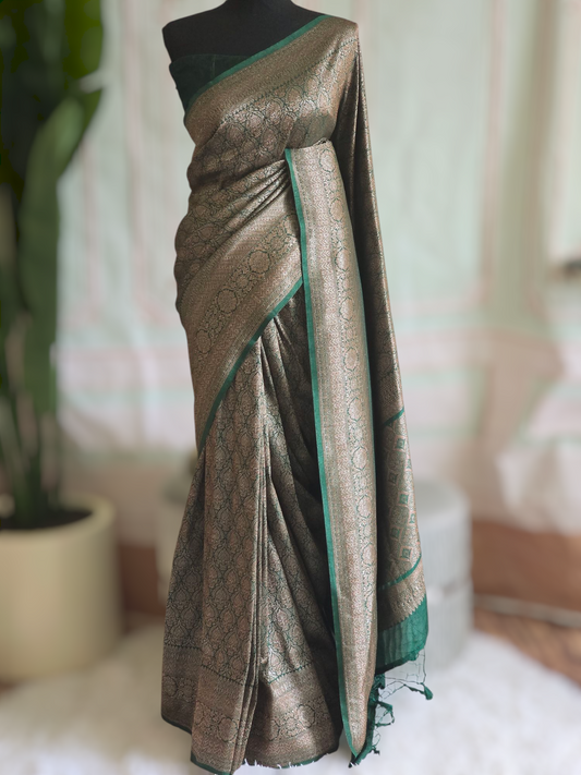 Semi katan silk saree with antique weaving-stitched blouse