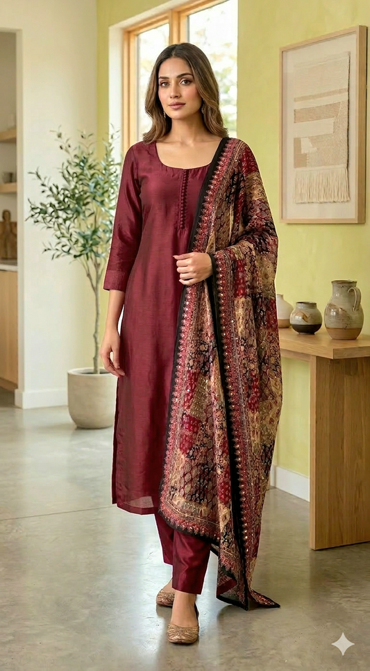 Semi raw silk 3 pc salwar suit set-Maroon
