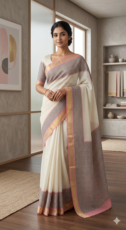 Premium cotton kerala saree with block print- stitched blouse