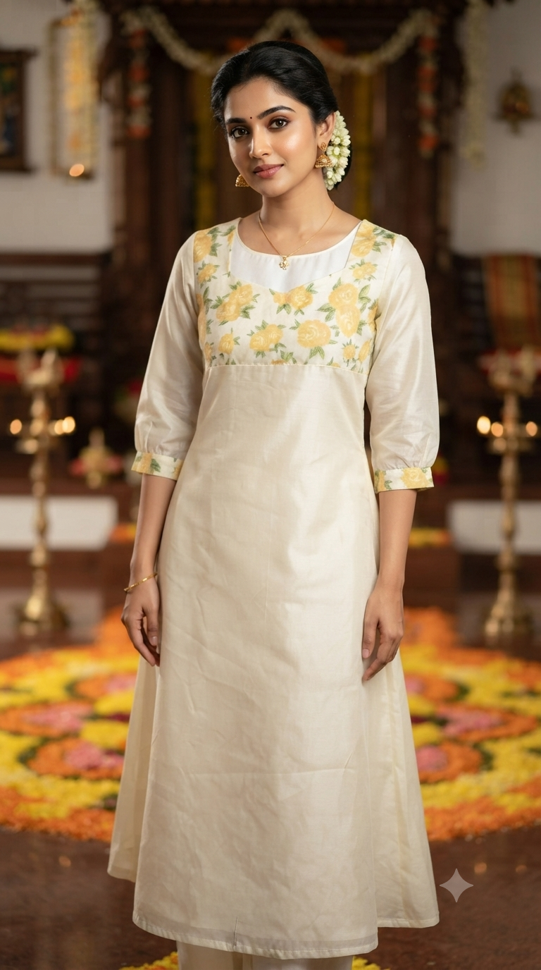 Onam A line kurti ( short length) with yoke printed design ( XS-S size)