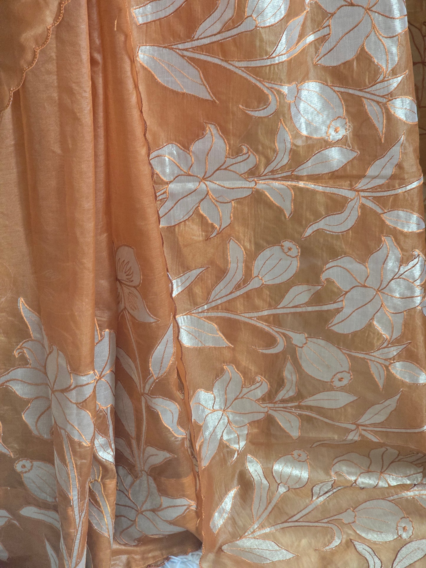 Turquish organza saree ( burnt orange) with applique work- stitched blouse
