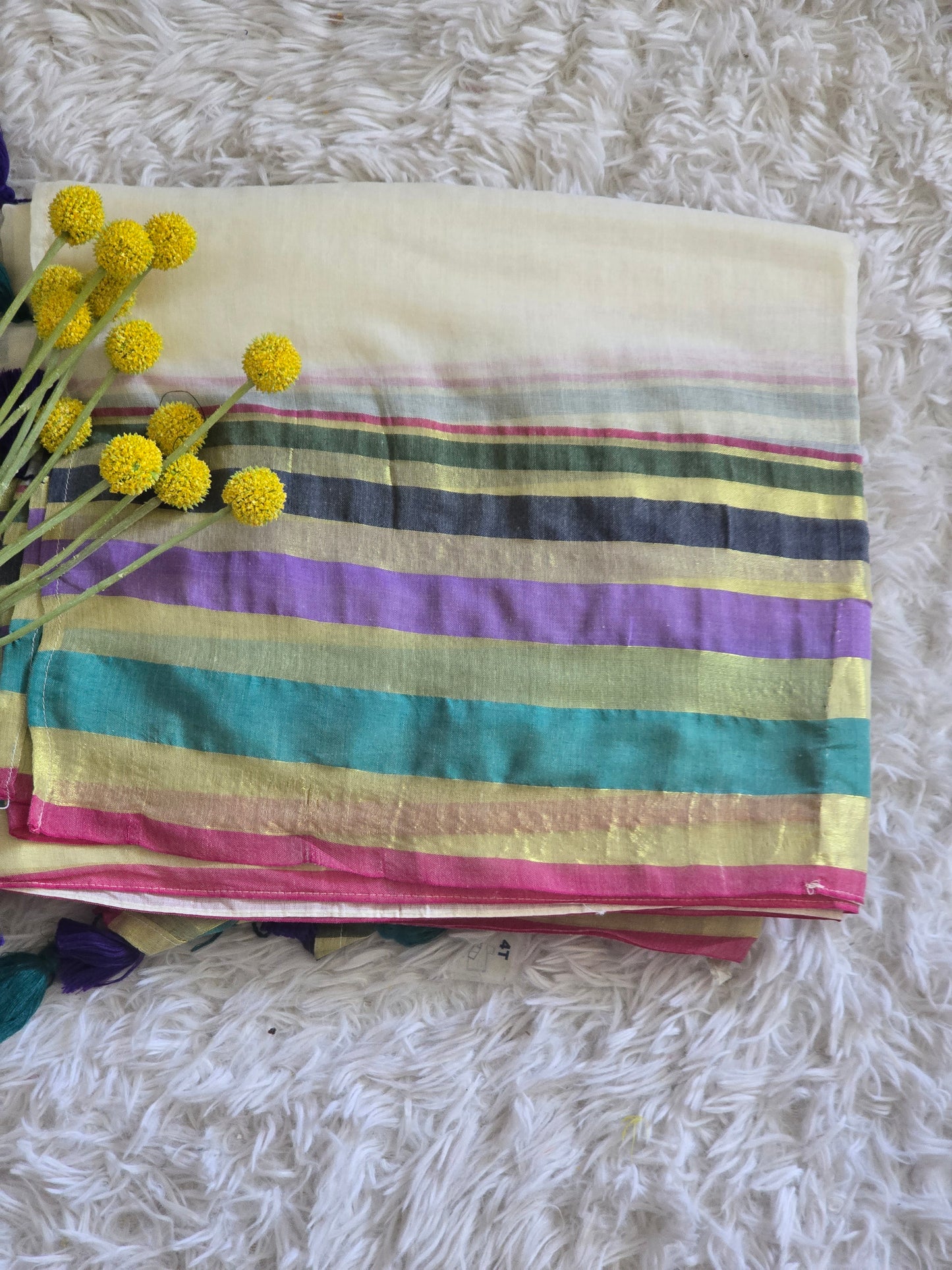 Mul cotton saree with multicolor border (fall and pico done)NO Blouse piece
