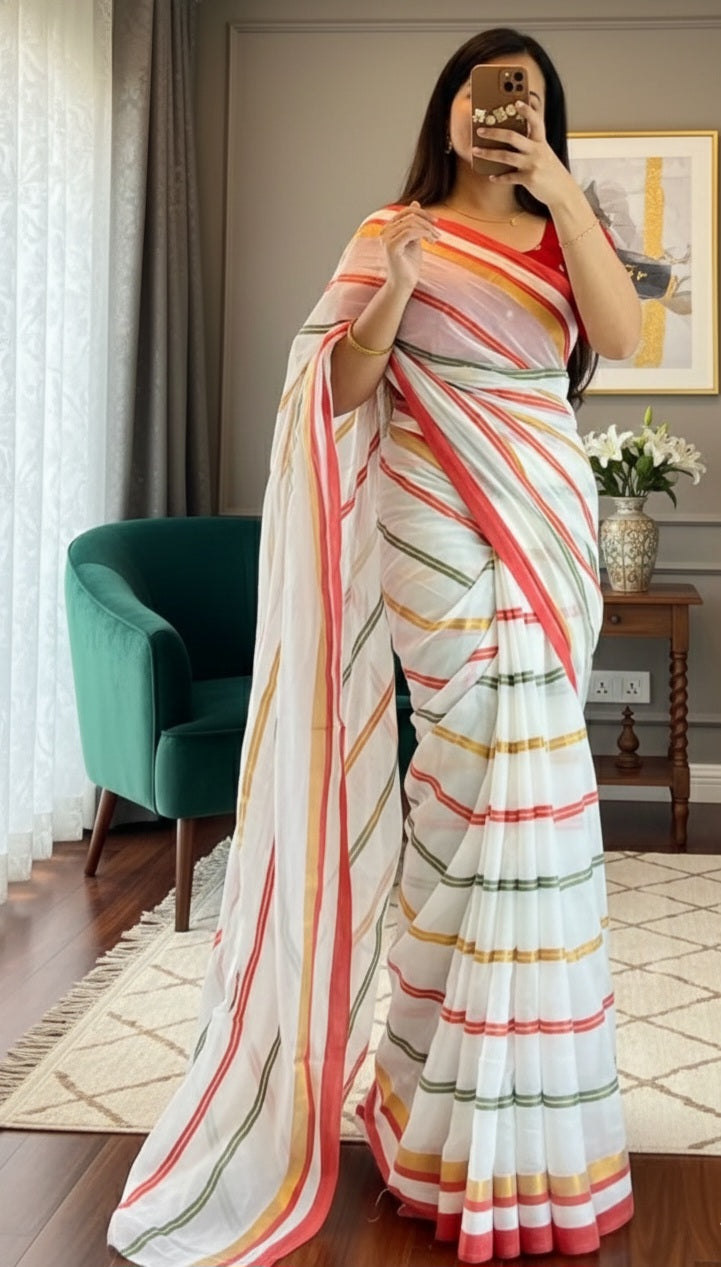 Mul cotton saree( milky white)with fall and pico- No BP