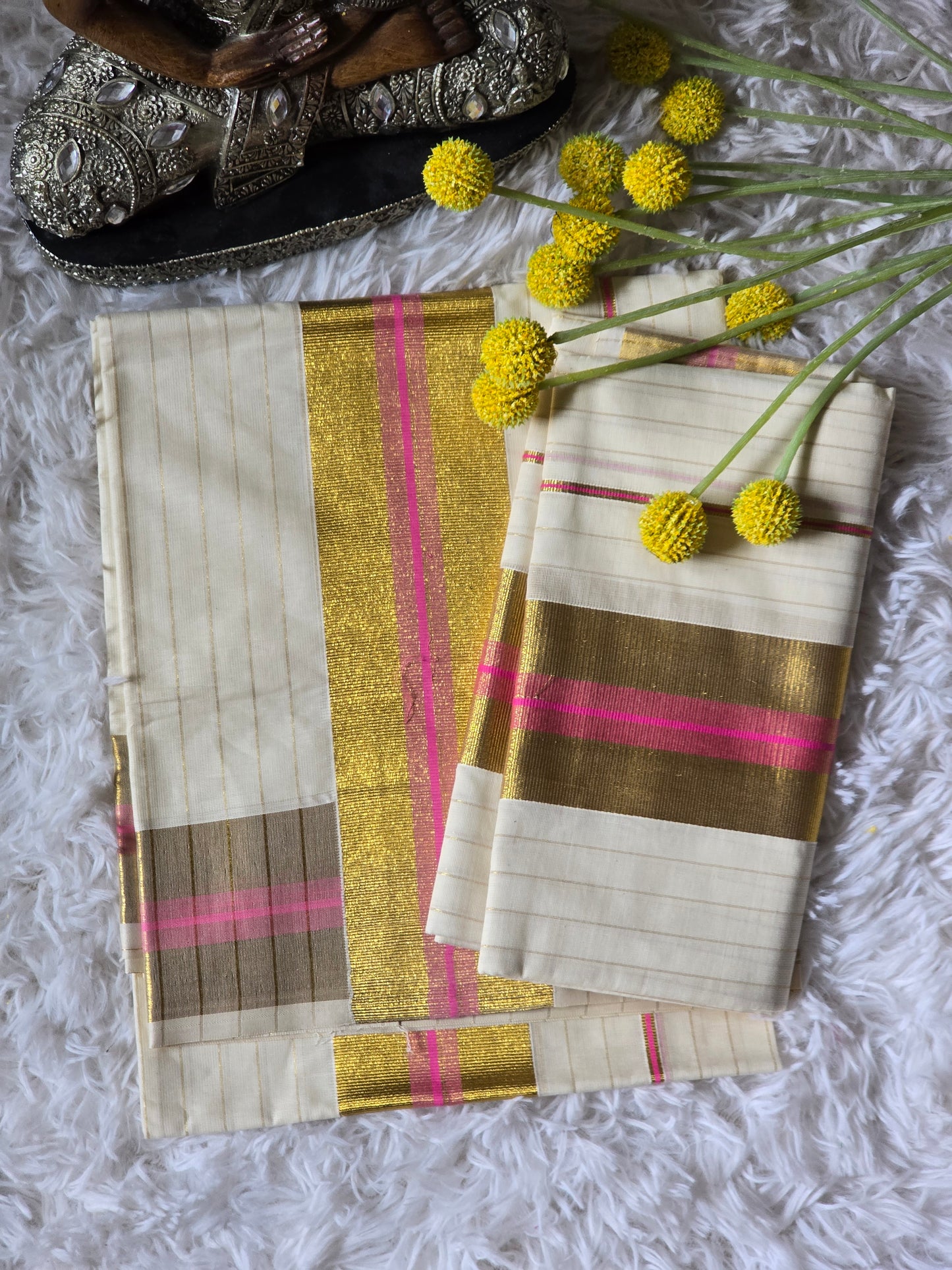Premium Onam set mund- Gold/ pink