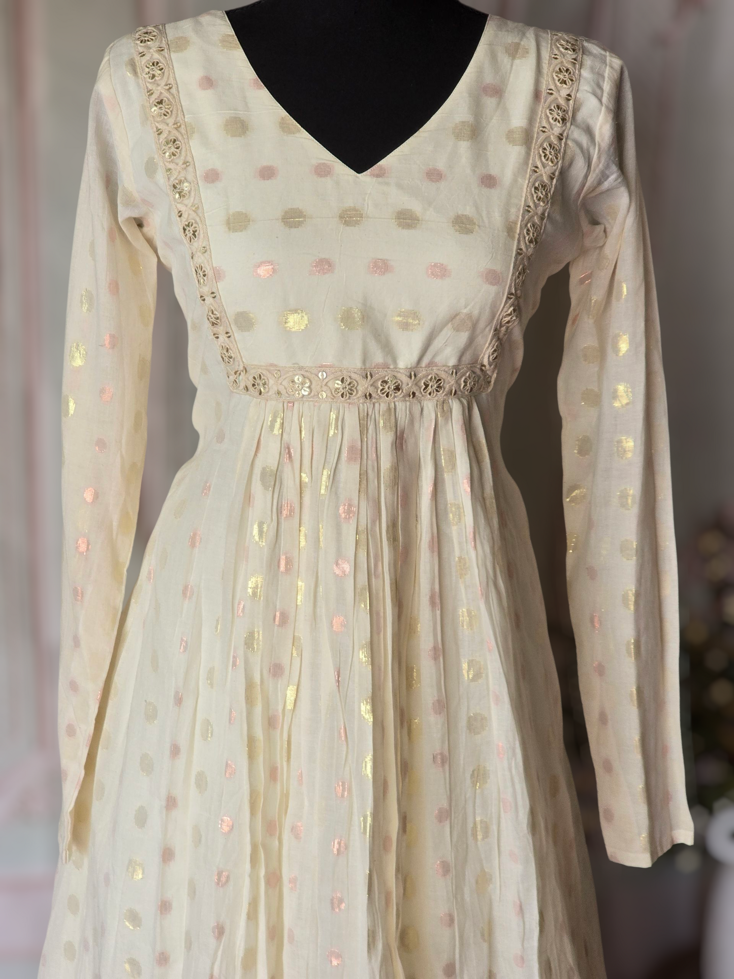 Off white A line kurti with dots design- Full sleeve
